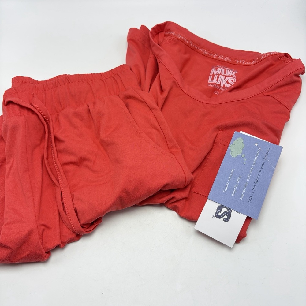 MUK LUKS Pajama Set Womens XS Dream Knit Top Shorts Solid Coral New